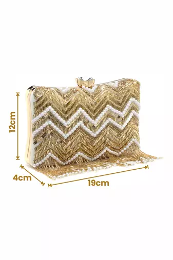 dangle white & gold chevron embellished velvet clutch