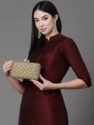 Anekaant adorn camel brown & gold diamond embellished faux silk clutch 1