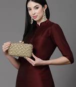 Anekaant adorn camel brown & gold diamond embellished faux silk clutch