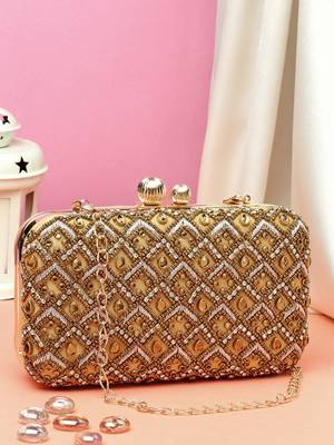 Anekaant adorn camel brown & gold diamond embellished faux silk clutch 2