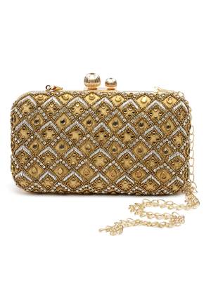 Anekaant adorn camel brown & gold diamond embellished faux silk clutch 3