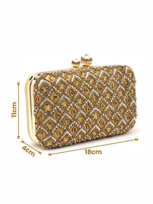 Anekaant adorn camel brown & gold diamond embellished faux silk clutch 4