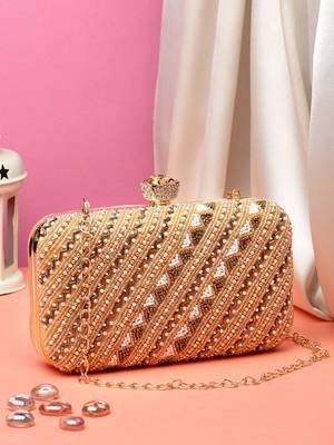 adorn beige & gold embellished faux silk clutch 2