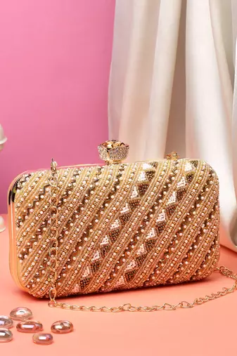 adorn beige & gold embellished faux silk clutch