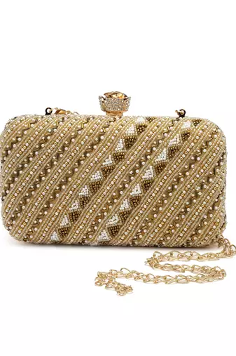 adorn beige & gold embellished faux silk clutch