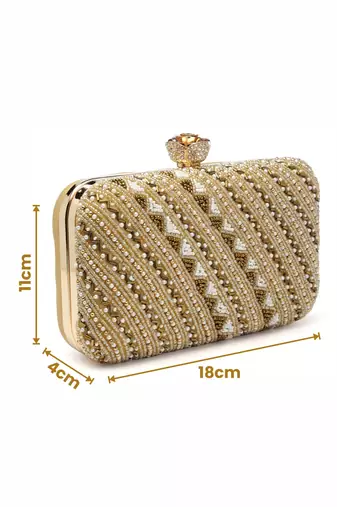 adorn beige & gold embellished faux silk clutch