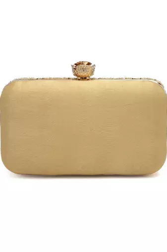 adorn beige & gold embellished faux silk clutch
