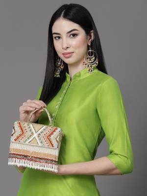 Anekaant dangle beige & multi bead work embellished faux silk clutch 1