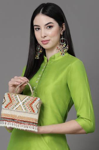 Anekaant dangle beige & multi bead work embellished faux silk clutch