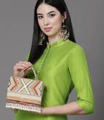 Anekaant dangle beige & multi bead work embellished faux silk clutch