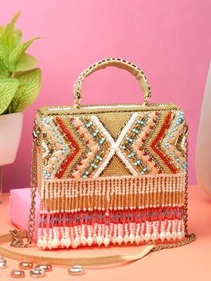 Anekaant dangle beige & multi bead work embellished faux silk clutch 2