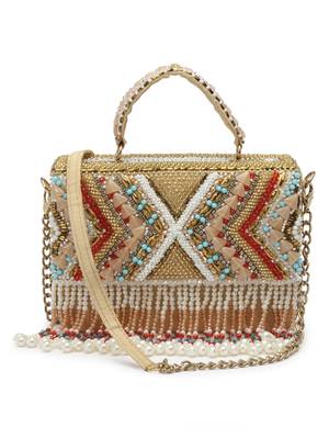 Anekaant dangle beige & multi bead work embellished faux silk clutch 3