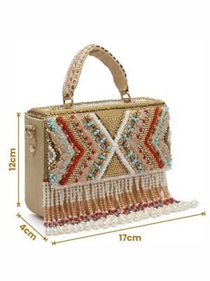 Anekaant dangle beige & multi bead work embellished faux silk clutch 4
