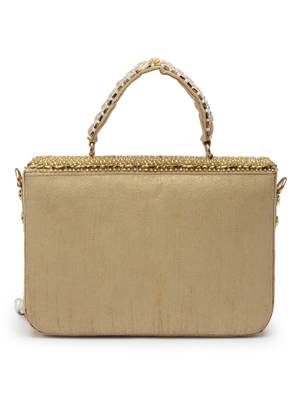 Anekaant dangle beige & multi bead work embellished faux silk clutch 5