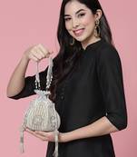 lotus silver & off white floral embellished faux silk potli