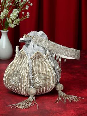 lotus silver & off white floral embellished faux silk potli 2