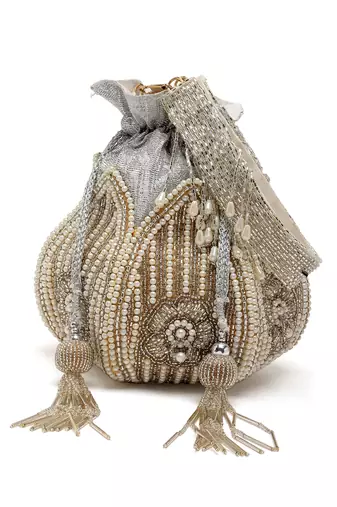 lotus silver & off white floral embellished faux silk potli