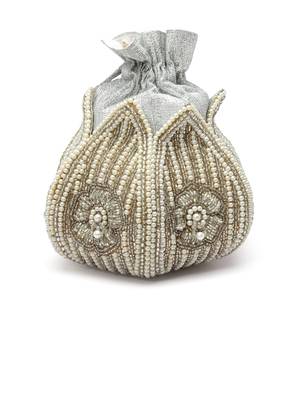 lotus silver & off white floral embellished faux silk potli 5