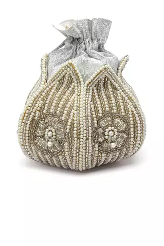 lotus silver & off white floral embellished faux silk potli