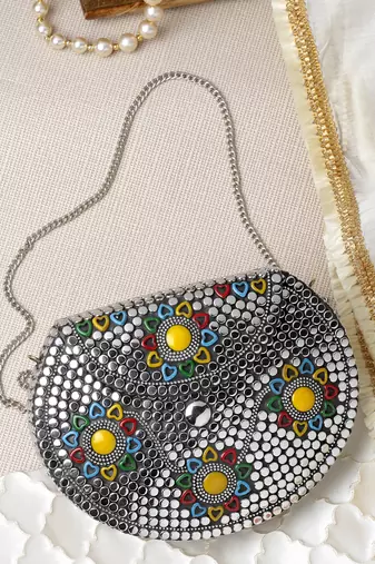 mosaic silver & multi embellished metal clutch