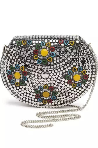 mosaic silver & multi embellished metal clutch