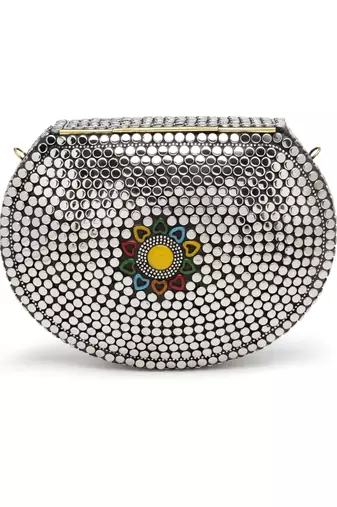 mosaic silver & multi embellished metal clutch