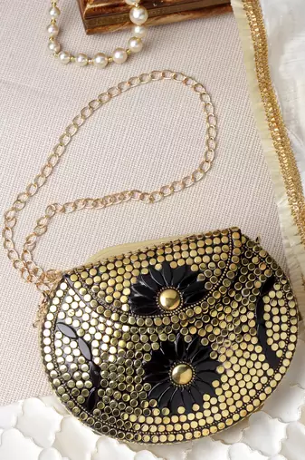 mosaic gold & black embellished metal clutch