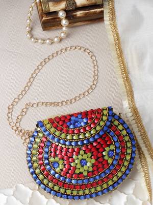 mosaic green, red & blue embellished metal clutch 2