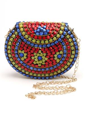 mosaic green, red & blue embellished metal clutch 3