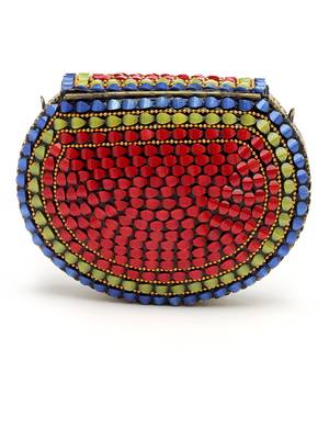 mosaic green, red & blue embellished metal clutch 5