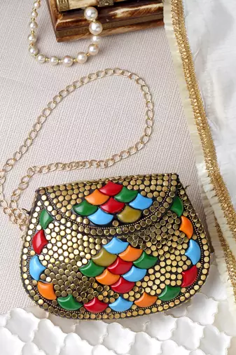 mosaic gold & multi embellished metal clutch