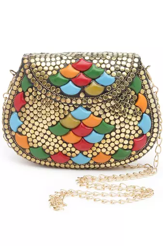 mosaic gold & multi embellished metal clutch