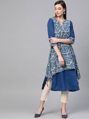   Indigo Hand Block Printed Layered A Line Pure Cotton Kurta 1