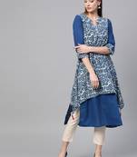 Geroo Jaipur Indigo Hand Block Printed Layered A-Line Pure Cotton Kurta