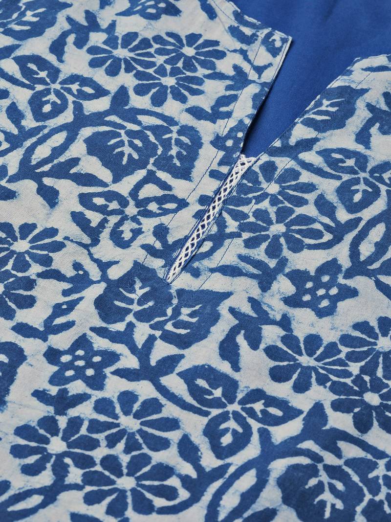 Geroo Jaipur Indigo Hand Block Printed Layered A-Line Pure Cotton Kurta
