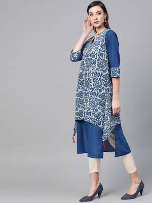   Indigo Hand Block Printed Layered A Line Pure Cotton Kurta 3