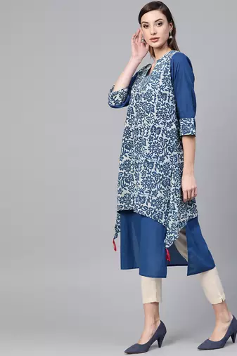   Indigo Hand Block Printed Layered A Line Pure Cotton Kurta