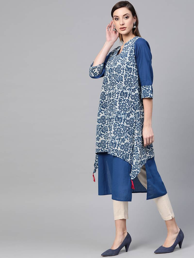 Geroo Jaipur Indigo Hand Block Printed Layered A-Line Pure Cotton Kurta