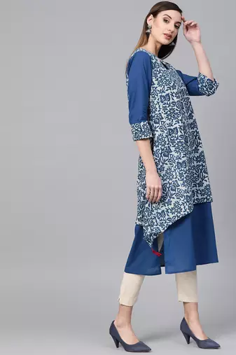   Indigo Hand Block Printed Layered A Line Pure Cotton Kurta