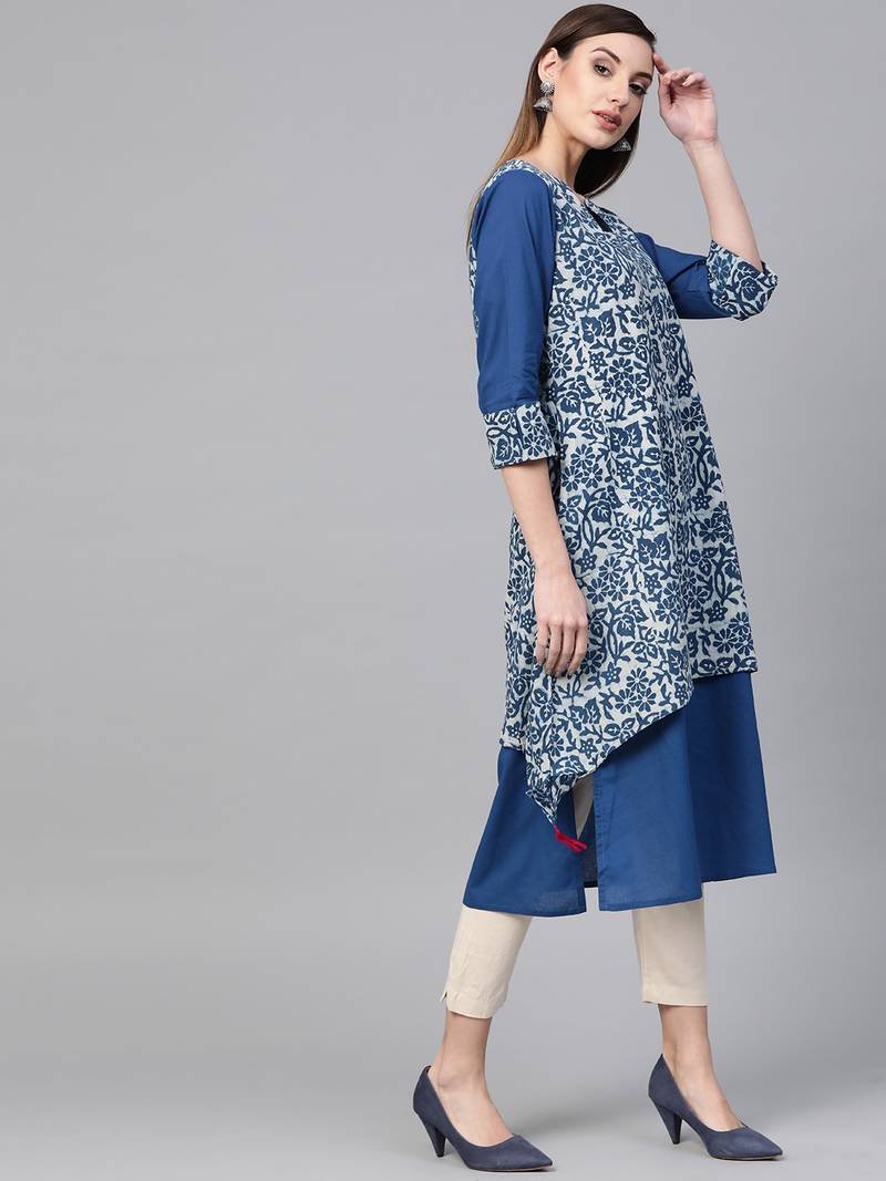 Geroo Jaipur Indigo Hand Block Printed Layered A-Line Pure Cotton Kurta