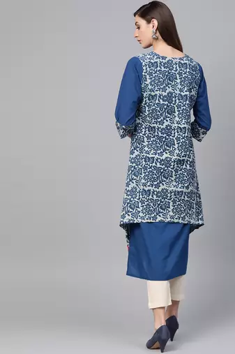   Indigo Hand Block Printed Layered A Line Pure Cotton Kurta