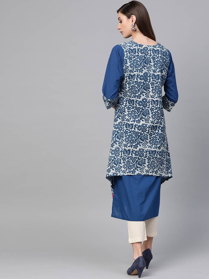 Geroo Jaipur Indigo Hand Block Printed Layered A-Line Pure Cotton Kurta