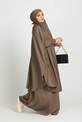Two Piece Knee Length Jilbab Khimar Style Abaya and Skirt with Chunnat Slevees/Dolman Sleeves Beige Color| Tie Back 1