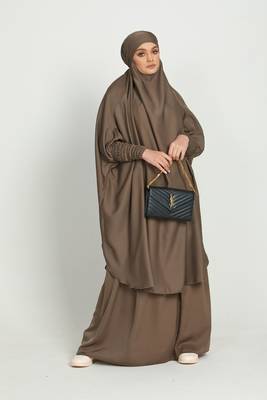 Two Piece Knee Length Jilbab Khimar Style Abaya and Skirt with Chunnat Slevees/Dolman Sleeves Beige Color| Tie Back 2