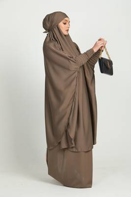 Two Piece Knee Length Jilbab Khimar Style Abaya and Skirt with Chunnat Slevees/Dolman Sleeves Beige Color| Tie Back 3