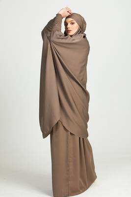 Two Piece Knee Length Jilbab Khimar Style Abaya and Skirt with Chunnat Slevees/Dolman Sleeves Beige Color| Tie Back 4