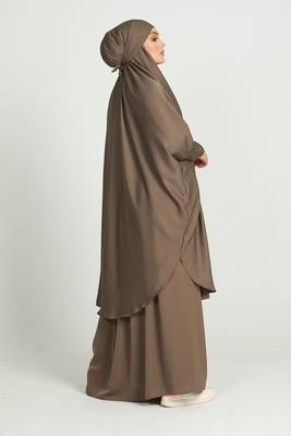 Two Piece Knee Length Jilbab Khimar Style Abaya and Skirt with Chunnat Slevees/Dolman Sleeves Beige Color| Tie Back 5
