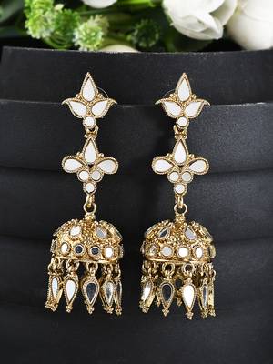Minimal look mirror studded drop earrings with small jhumkis copper gold plated for women & girls 5