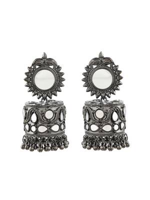 Stylish mirror studded drop jhumka earrings copper black silver plated for women & girls 5