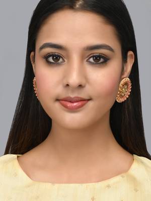 Luminous pink stone studded big round stud earrings copper gold plated for women & girls 5